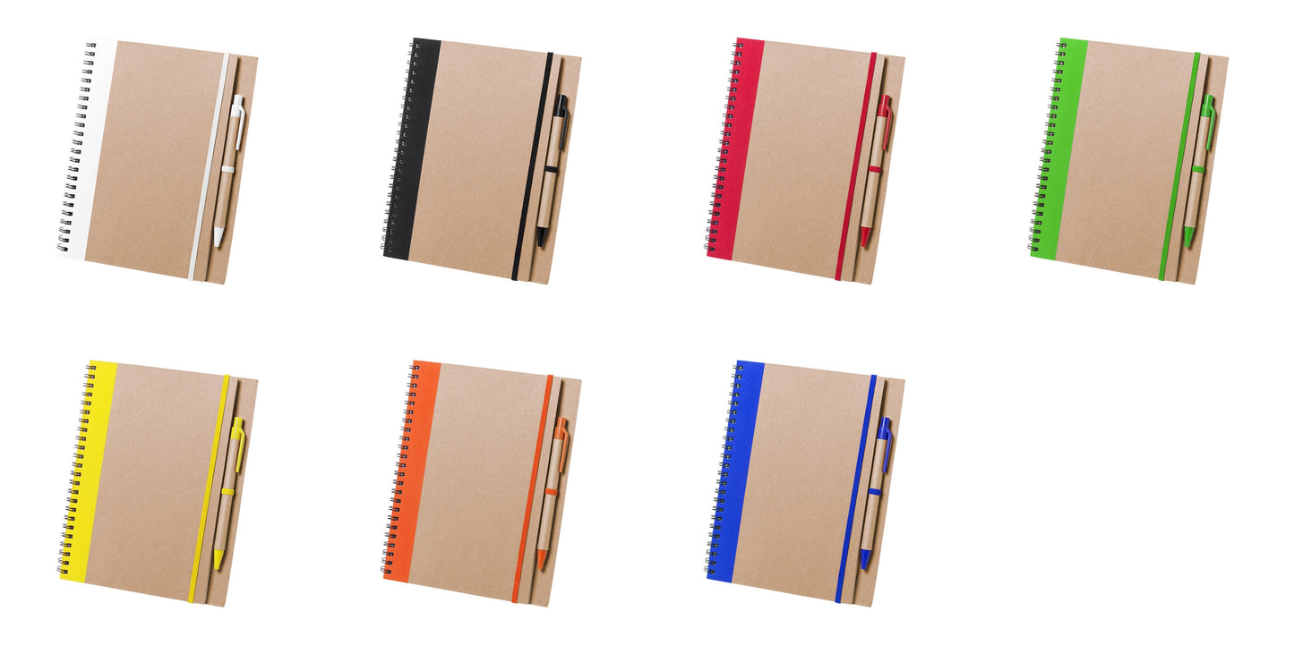 Cahier à spirales avec couverture en carton recyclé, stylo inclus