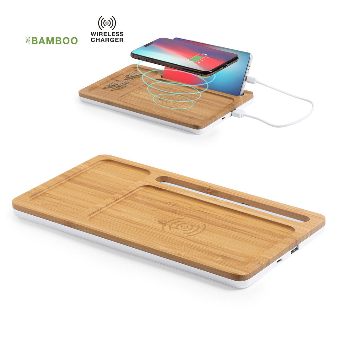 Chargeur organiseur de bureau sans fil en bambou et abs