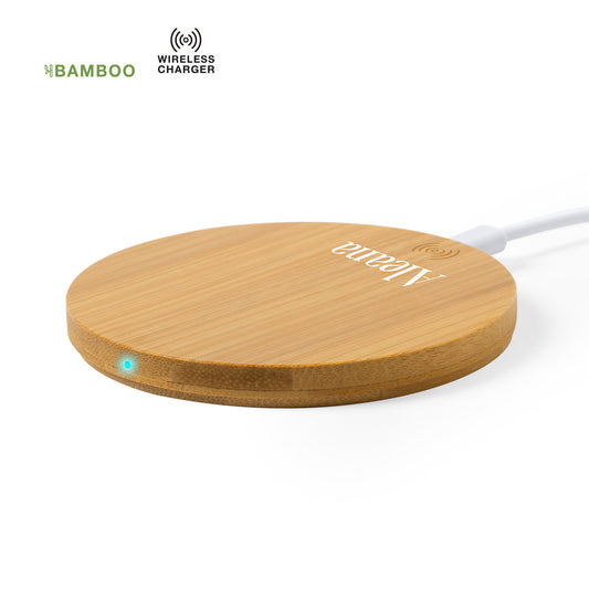 Chargeur sans fil avec un design en forme de cercle dont la coque est en bambou fabriquée à partir de morceaux de bambou naturels coupés