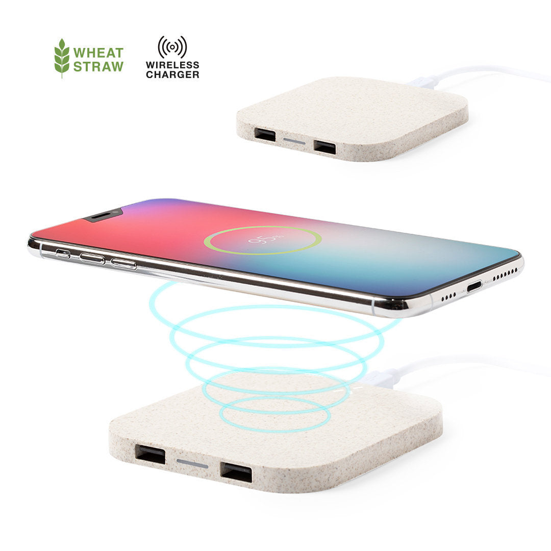 Chargeur sans fil en paille de blé avec hub intégré. Chargez vos appareils tout en faisant un geste pour la planète. Compatible avec tous les appareils Qi et doté de 2 ports USB pour une flexibilité accrue.