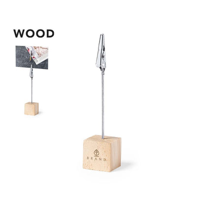 Clip SANNY avec base résistante en bois de pin naturel, tige en métal marquage logo
