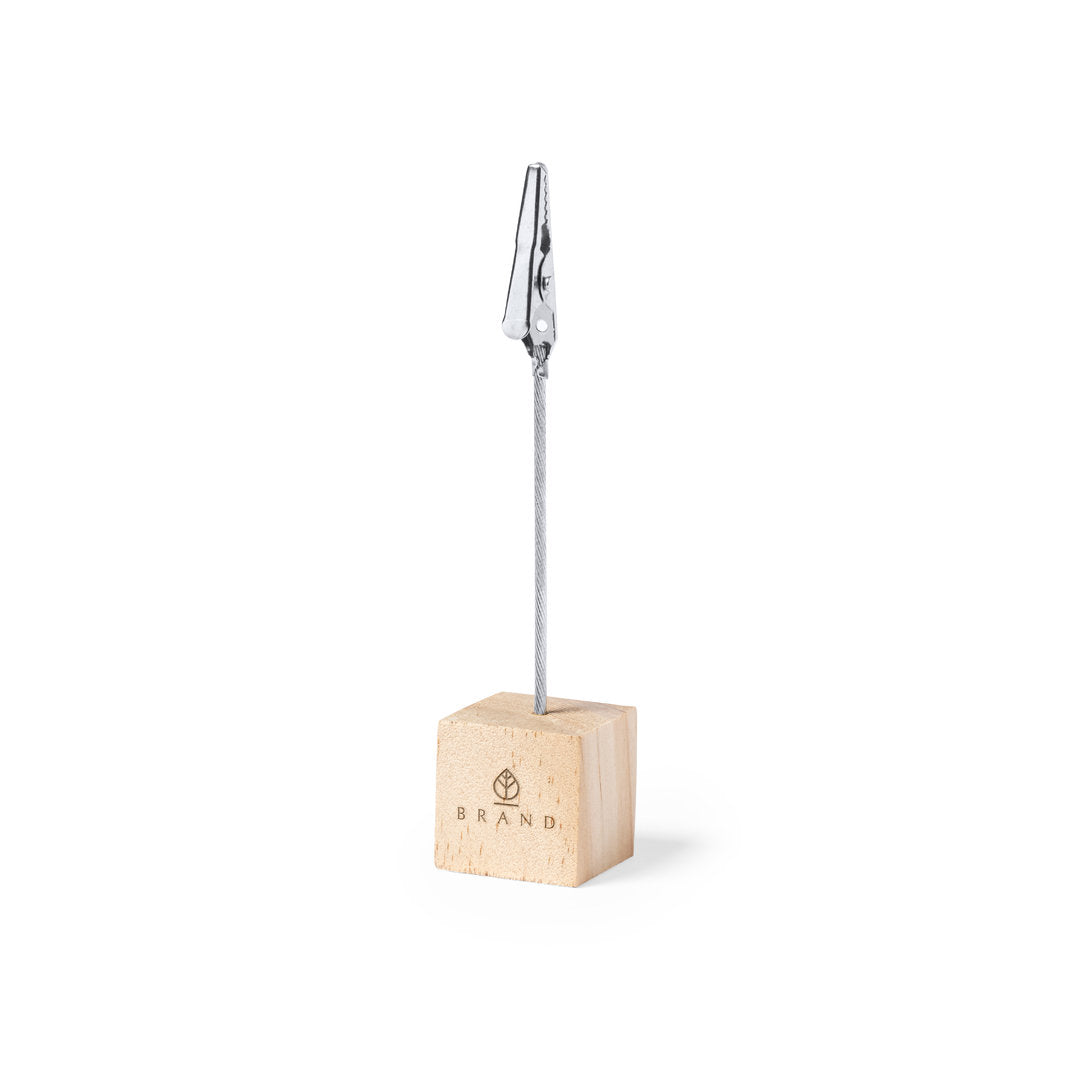 Clip SANNY avec base résistante en bois de pin naturel, tige en métal logo entreprise