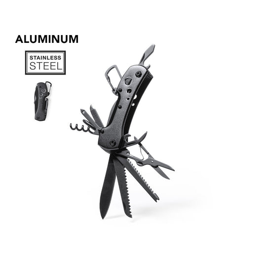 Couteau polyvalent au design moderne avec des accessoires en acier inoxydable à la finition noire.