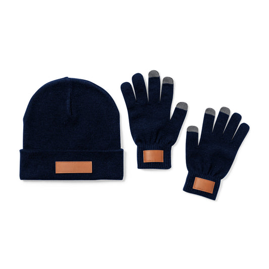 Ensemble chapeau et gants en acrylique élastique et avec un patch en similicuir cousu PRASAN