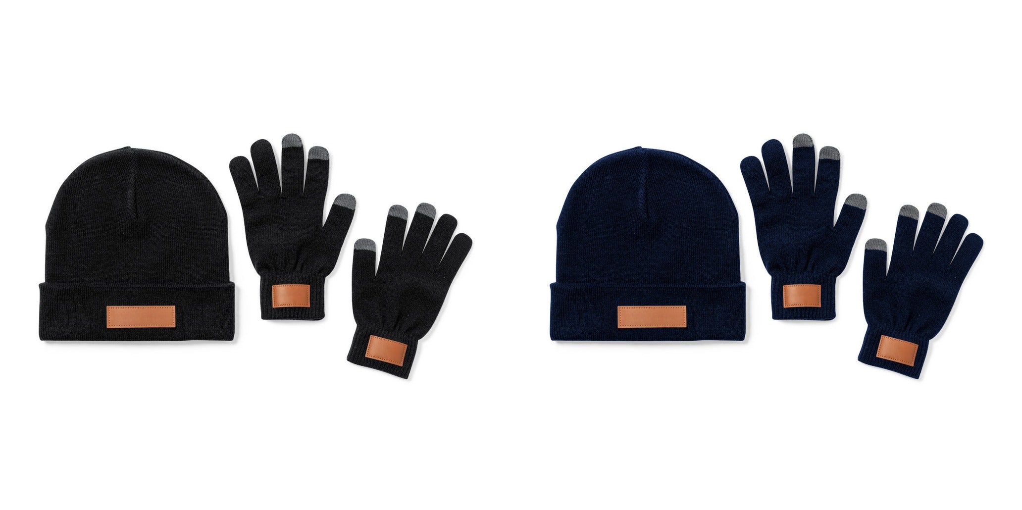 Ensemble chapeau et gants en acrylique élastique et avec un patch en similicuir cousu PRASAN