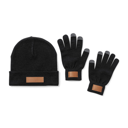 Ensemble chapeau et gants en acrylique élastique et avec un patch en similicuir cousu PRASAN