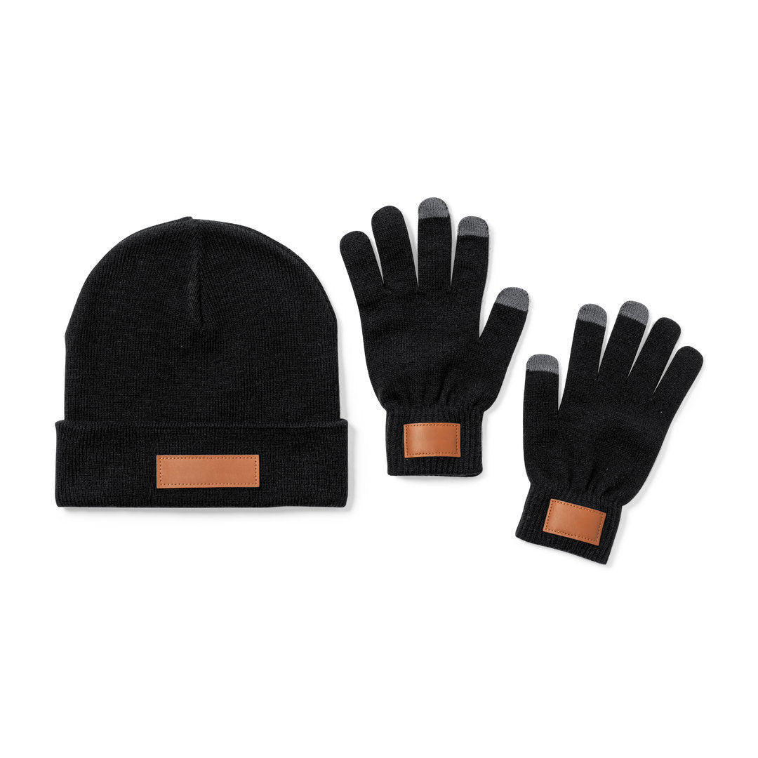 Ensemble chapeau et gants en acrylique élastique et avec un patch en similicuir cousu PRASAN