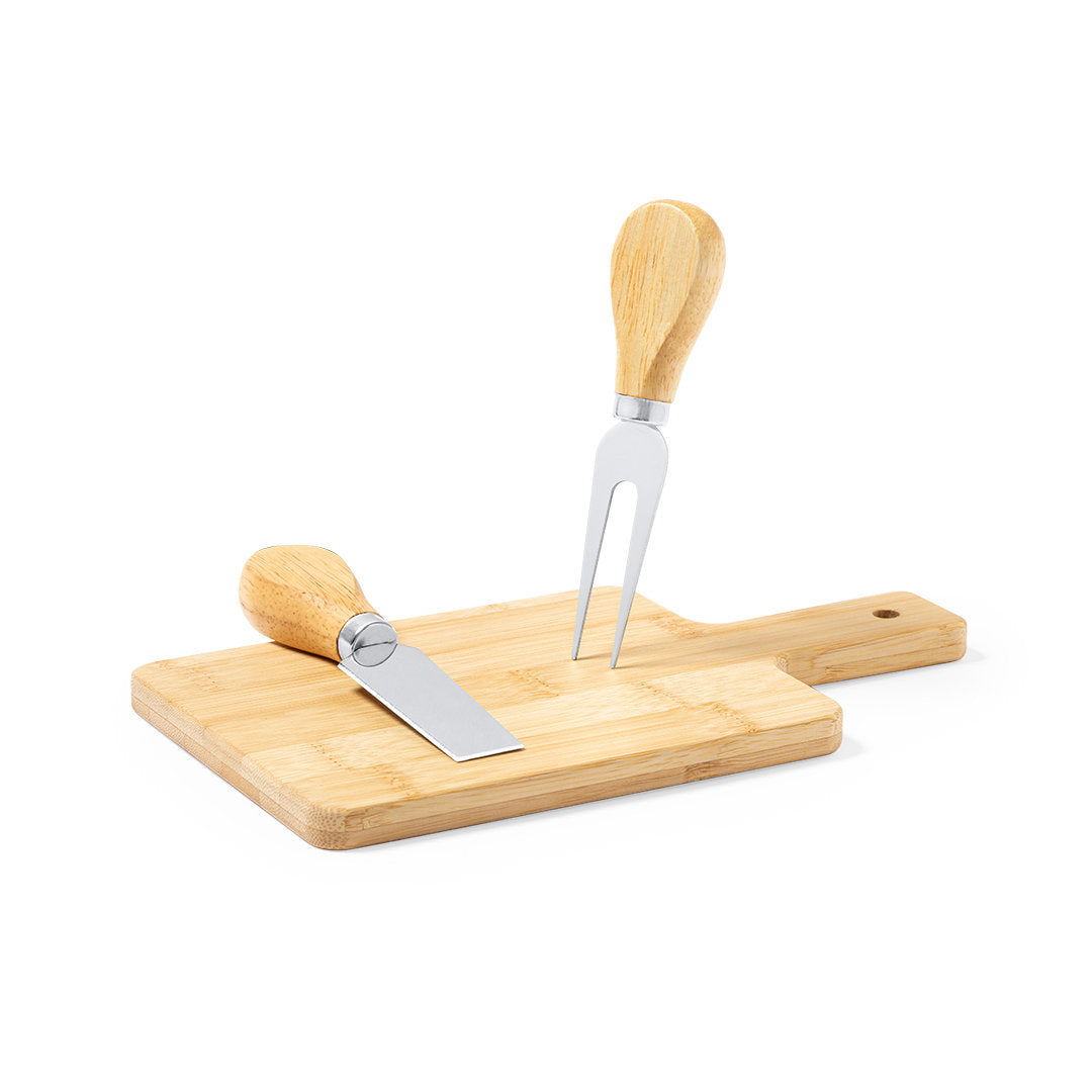 Set à fromage TAUROA avec une fourchette et un couteau à fromage ainsi qu'une planche à découper