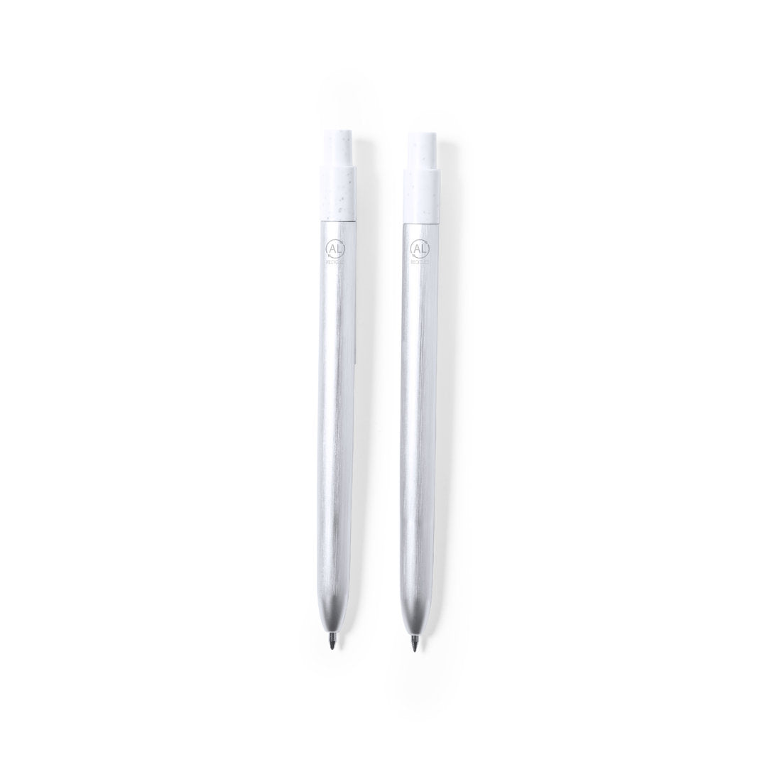 stylos Détails distinctifs en aluminium recyclé sur le dessus du stylo et du roller, mettant en évidence l'utilisation de matériaux recyclés.