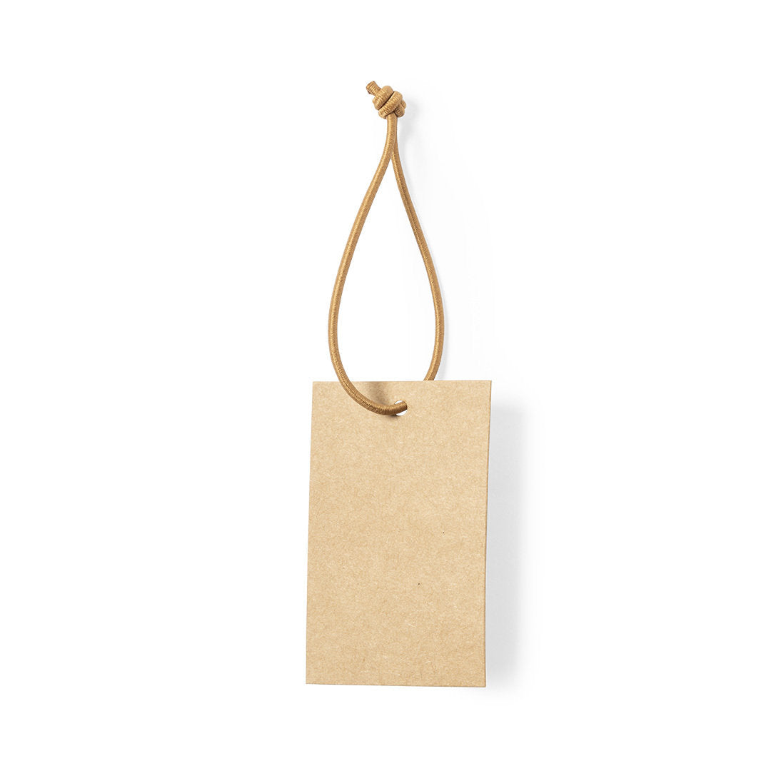 Accessoire éco-friendly : étiquette hangtag en carton recyclé, avec finition kraft et corde élastique en brun assortie.