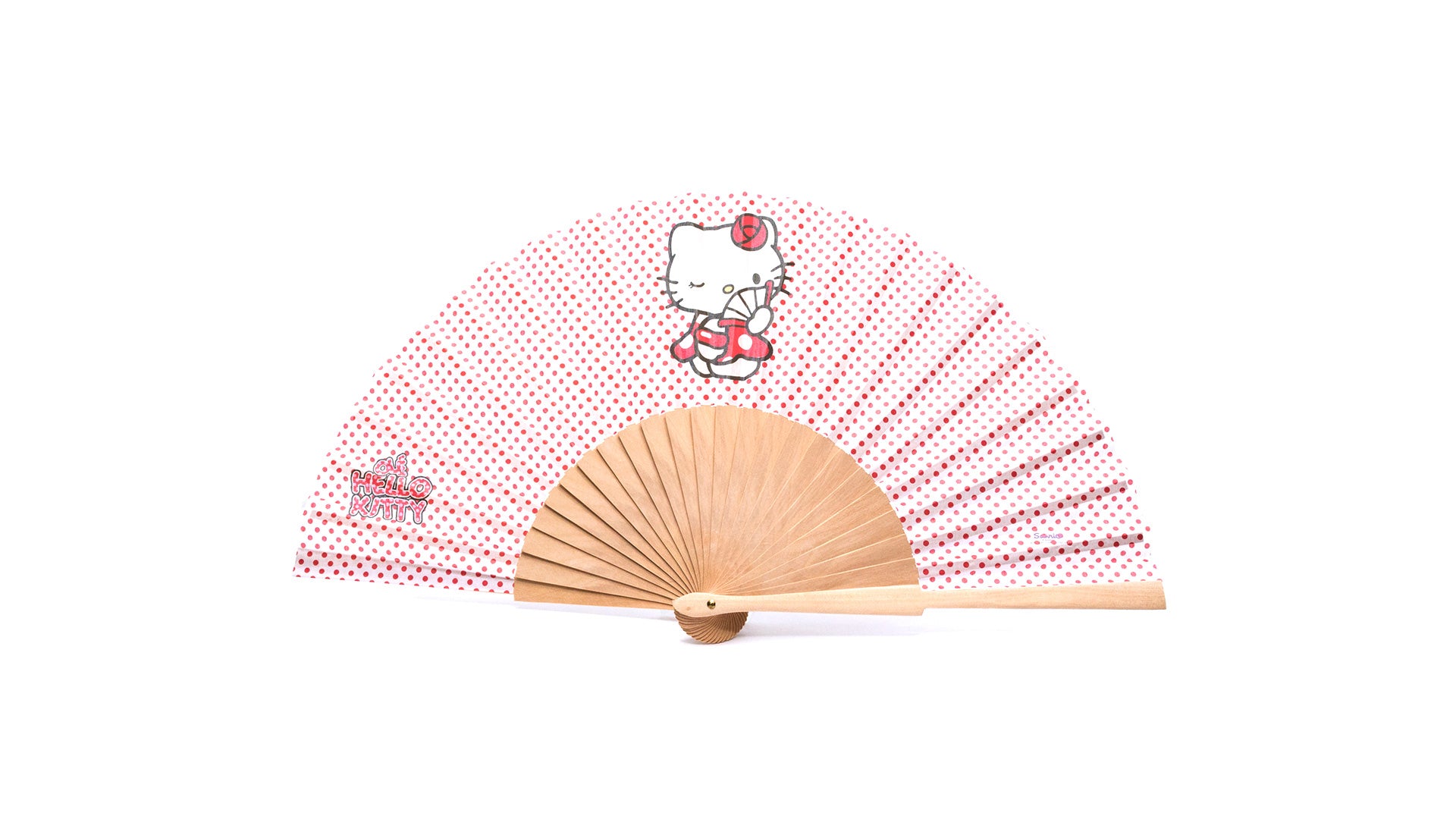 Accessoire estival : éventail Hello Kitty en bois et coton pour une touche de charme.