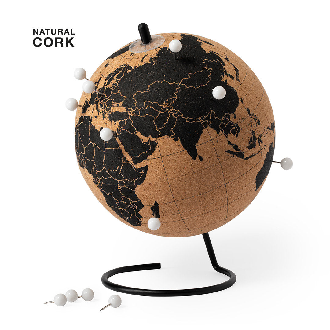 Globe terrestre éco-friendly en liège noir et marron personnalisable logo entreprise