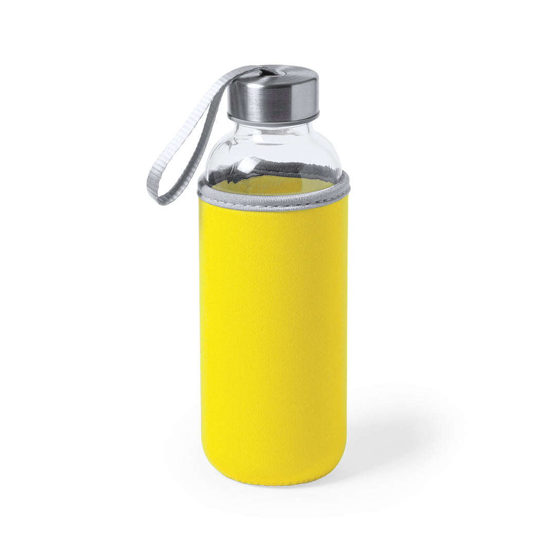 Gourde de 420ml en verre et acier inoxydable avec étui soft shell DOKATH jaune