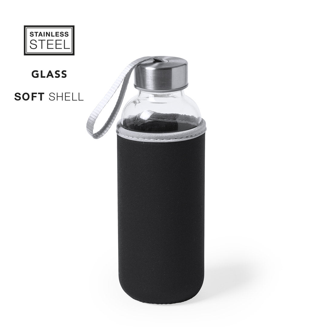 Gourde de 420ml en verre et acier inoxydable avec étui soft shell DOKATH noire