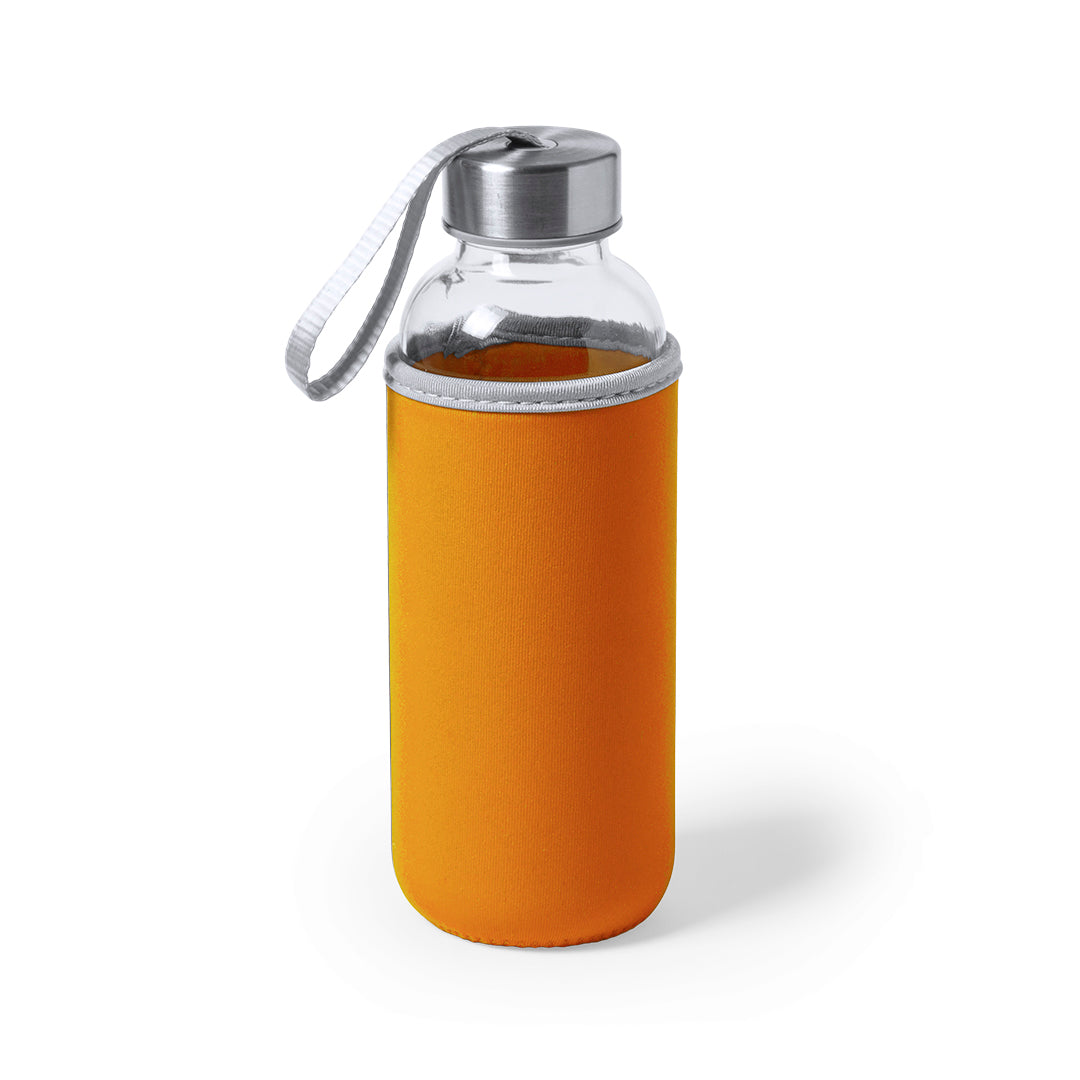 Gourde de 420ml en verre et acier inoxydable avec étui soft shell DOKATH orange