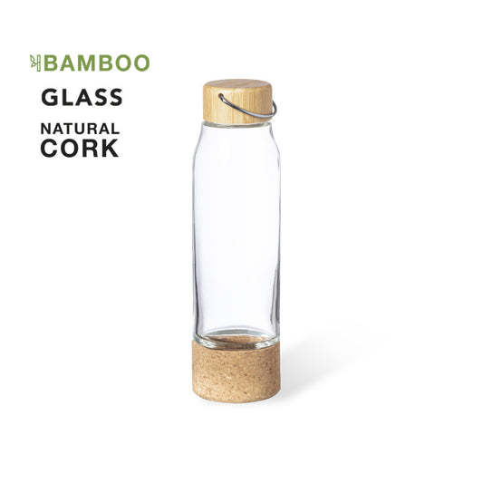 Gourde en verre, bambou et liège de 470ml avec poignée intégrée ADEROX personnalisable