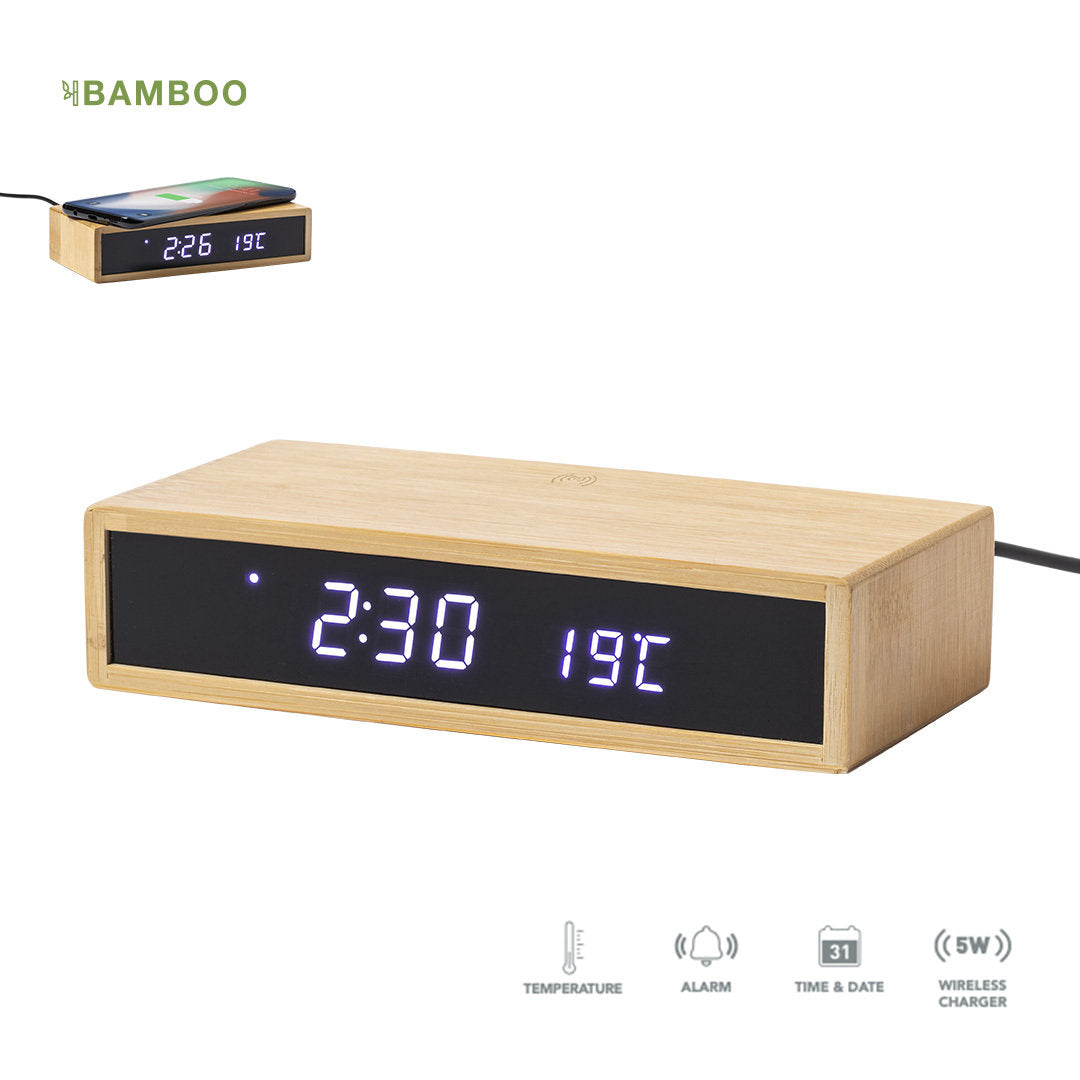 Horloge multifonction en bambou avec chargeur sans fil 5W intégré ISLUM