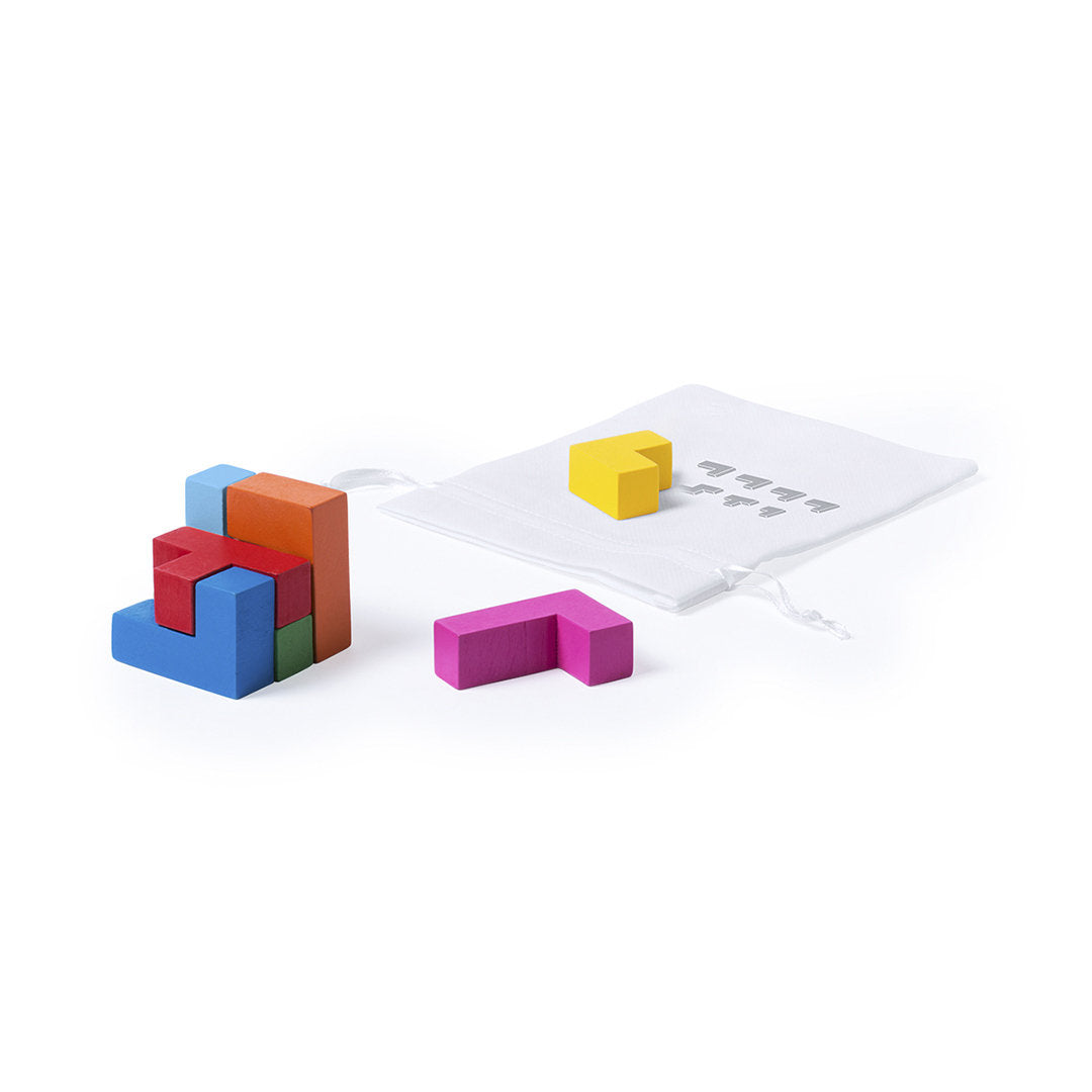 Set de jeu d'adresse 3D en bois avec pièces colorées, présenté dans un étui en polyester.