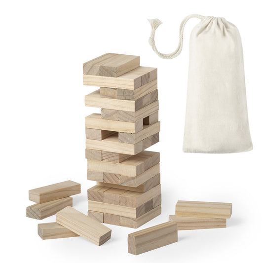 Jeu d'adresse en bois avec 45 pièces, présenté dans une pochette en coton durable avec fermeture pratique