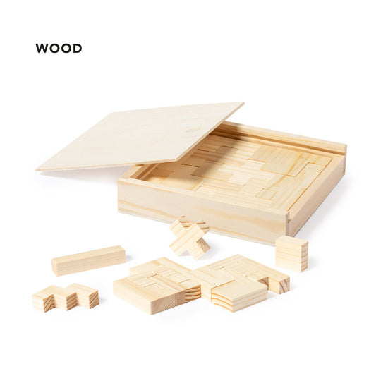 Jeu d'adresse en bois résistant avec 13 pièces, présenté dans une boîte en bois avec couvercle