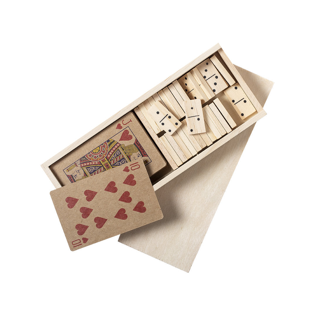 Accessoire de divertissement : Jeu comprenant cartes françaises et domino, mallette en bois avec compartiments