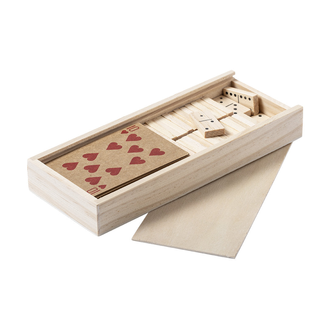 Jeu de société en bois avec cartes françaises et domino, idéal pour les amateurs de jeux de ligne