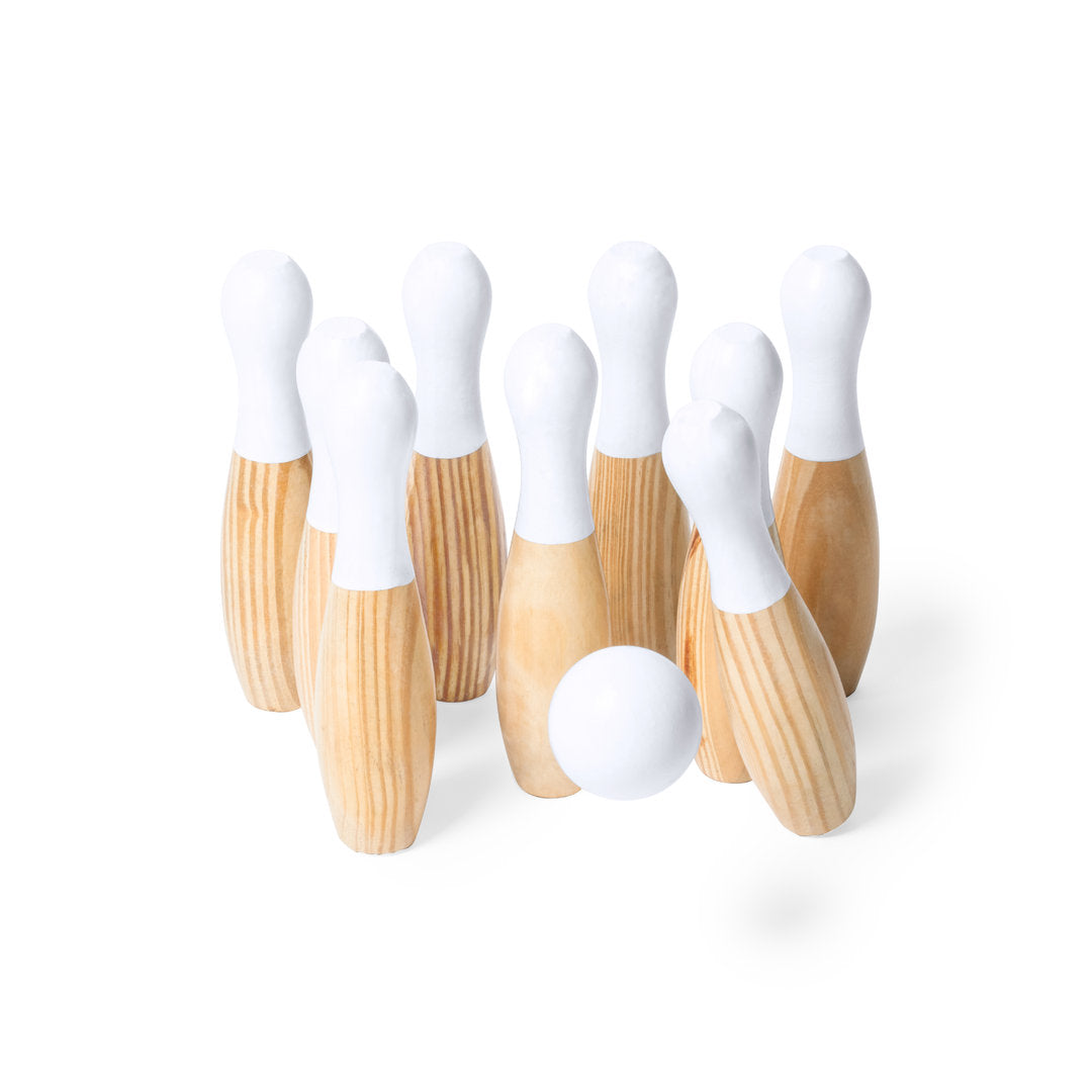 Ensemble complet de jeu de quilles en bois, 9 quilles laquées en blanc, 3 boules blanches, sac en coton, boîte individuelle kraft