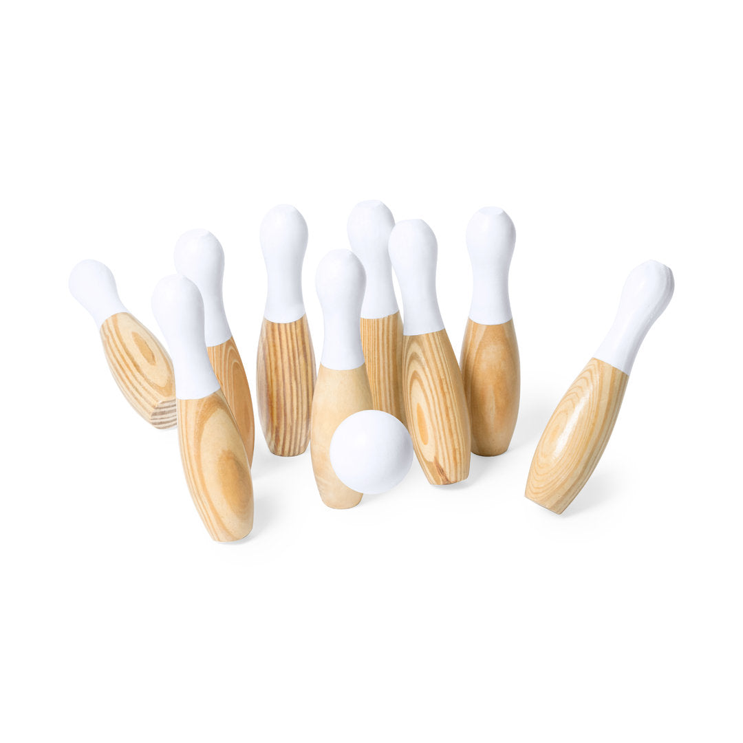 Jeu de précision en bois de pin naturel, 9 quilles laquées en blanc, 3 boules blanches, sac en coton, boîte design kraft