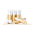 Lot de 9 quilles en bois naturel, partie supérieure laquée en blanc, avec 3 boules blanches, sac en coton, boîte design kraft