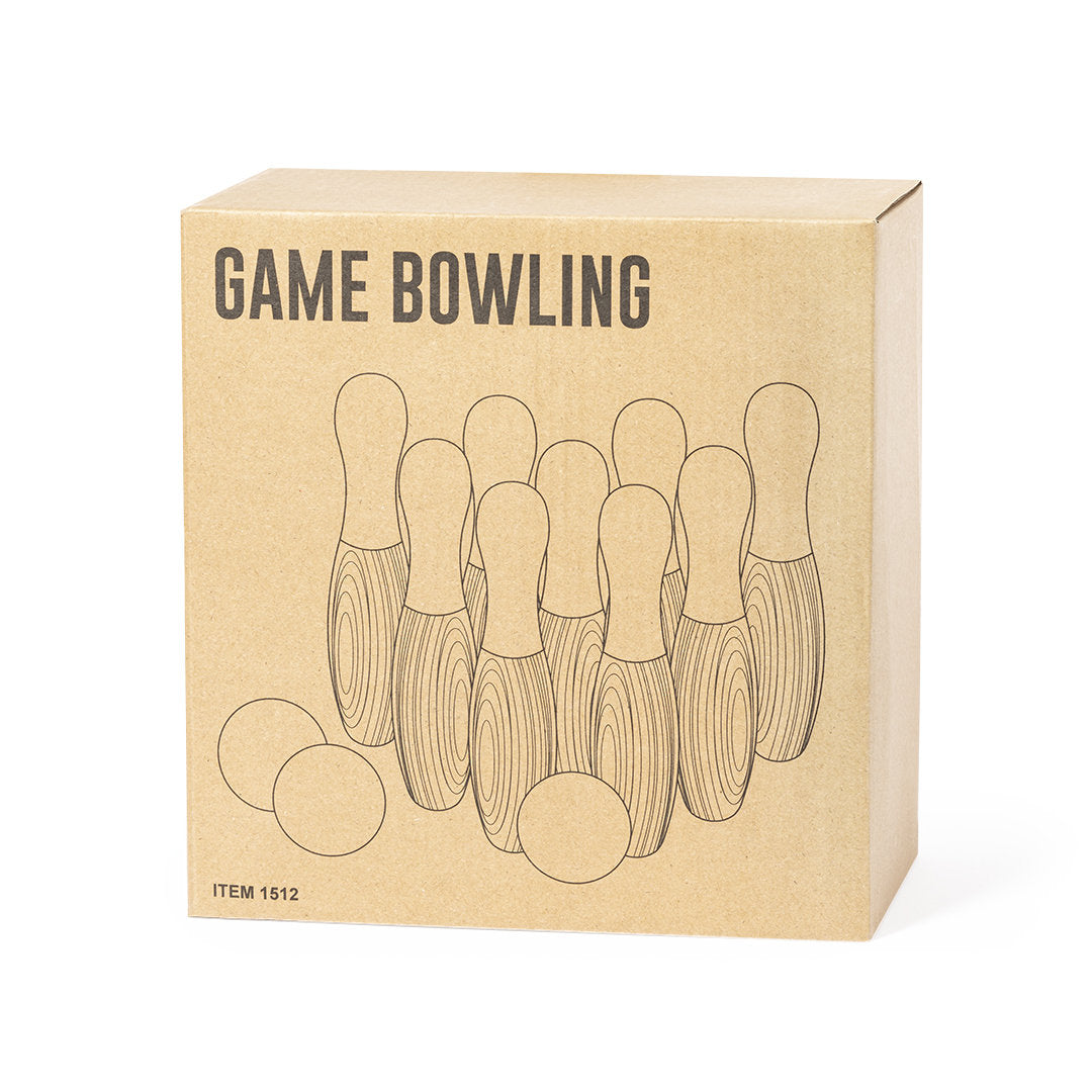 Accessoire ludique en bois résistant : Jeu de quilles, 9 quilles laquées en blanc, 3 boules blanches, sac en coton, boîte design kraft