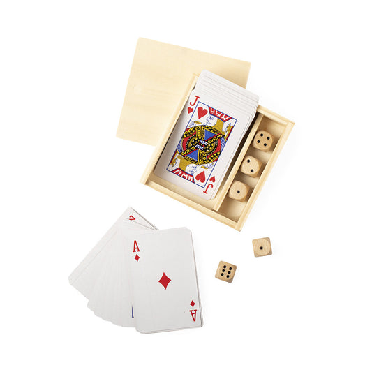 Set de jeux de société avec cartes françaises et 4 dés en bois, présenté dans un coffret en bois avec couvercle coulissant