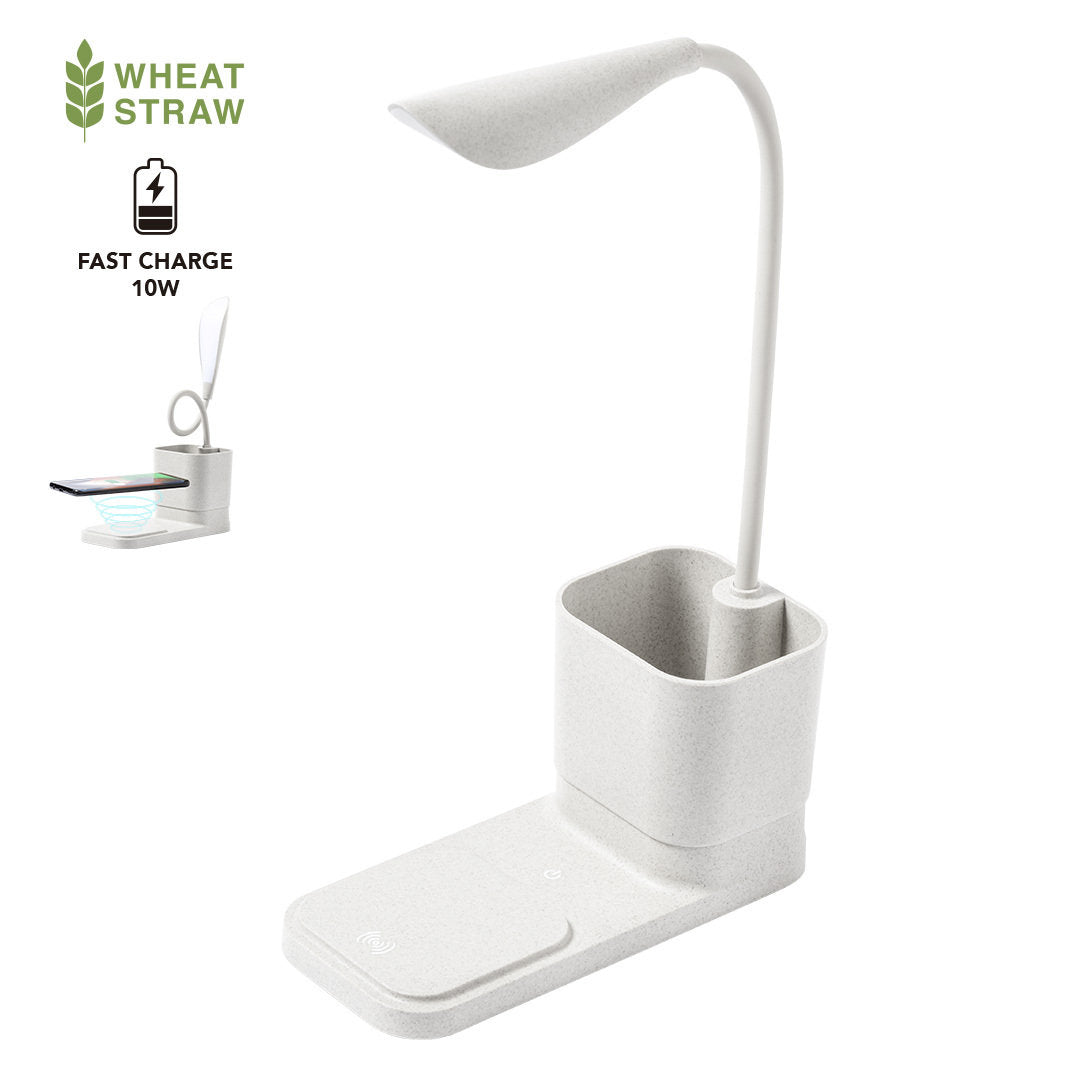 Lampe éco-responsable avec chargeur sans fil intégré, fabriquée à partir de canne de blé pour une touche naturelle sur votre bureau.
