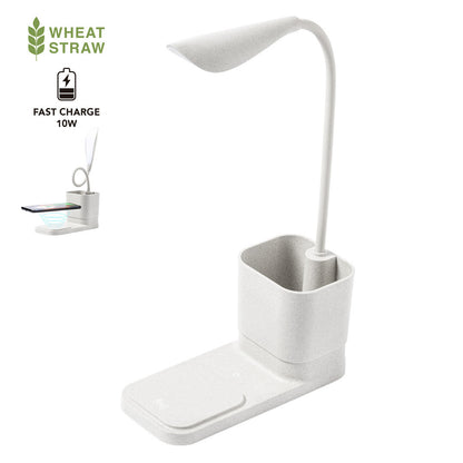 Lampe éco-responsable avec chargeur sans fil intégré, fabriquée à partir de canne de blé pour une touche naturelle sur votre bureau.
