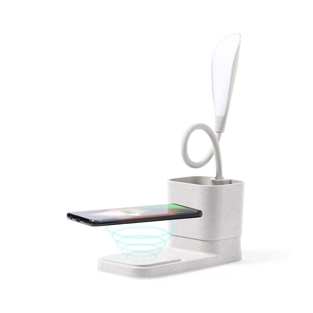 Lampe de bureau durable avec base antidérapante, offrant une lumière douce et une fonction de charge sans fil pour vos appareils.
