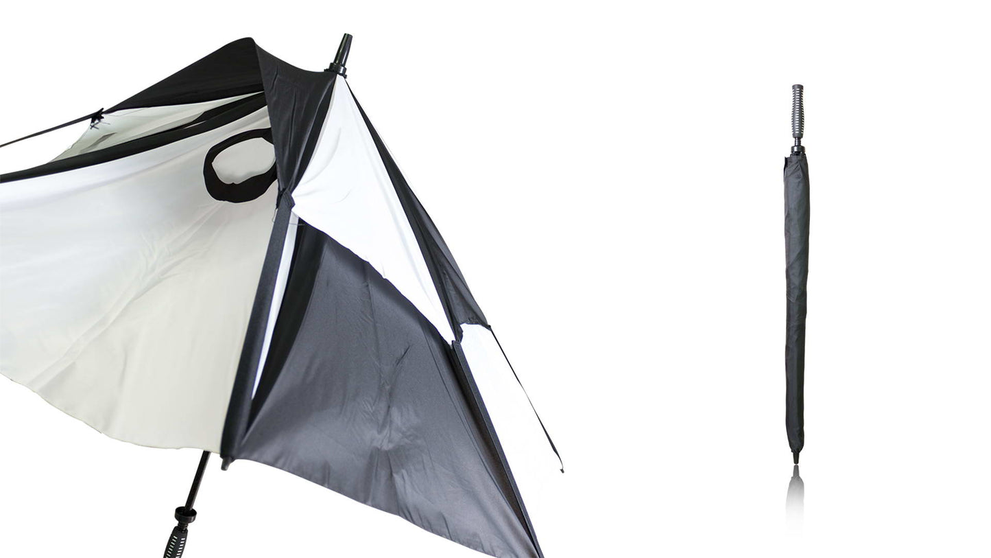 Parapluie élégant présenté dans un fourreau noir assorti, idéal pour le golf.