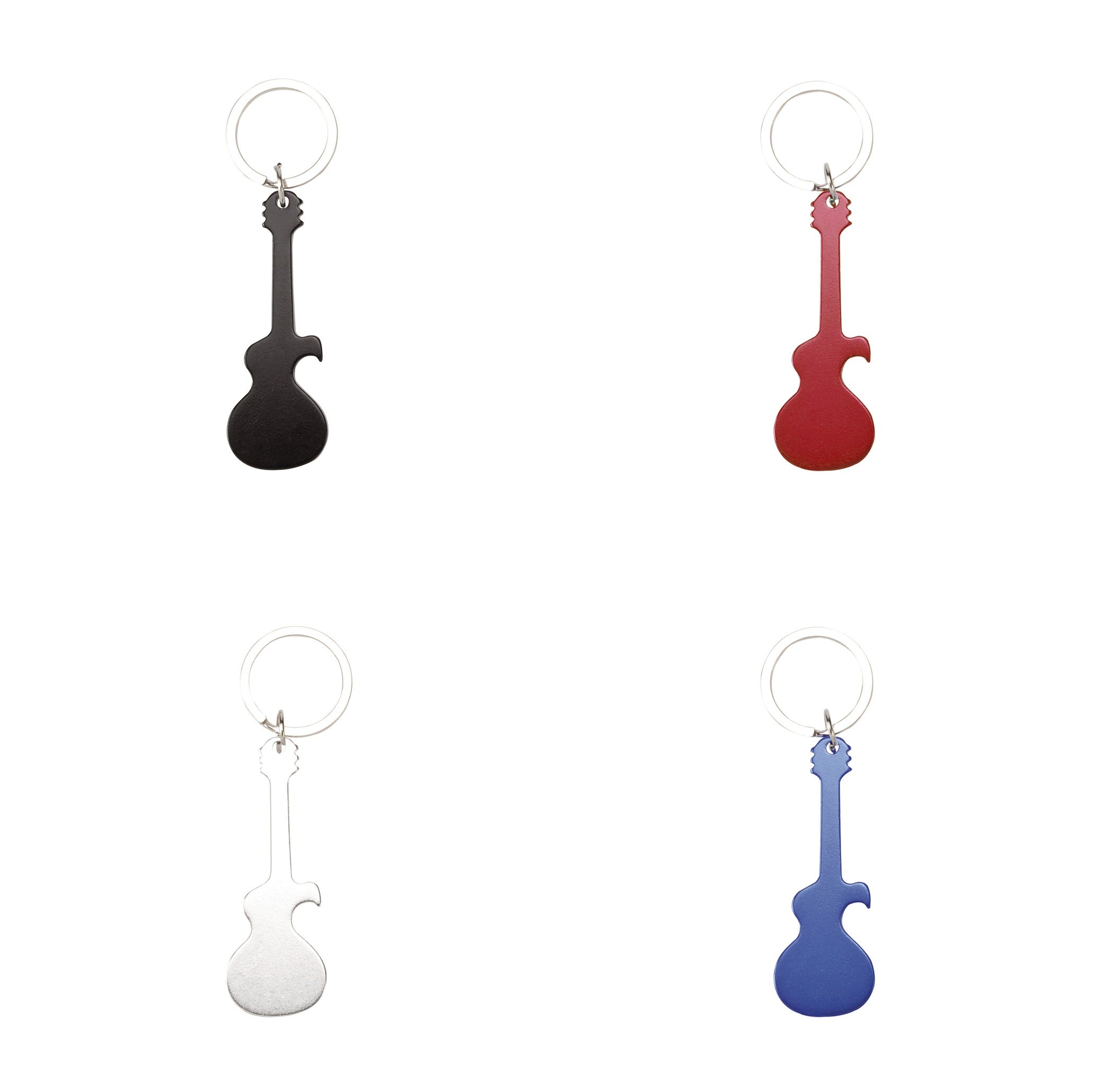 Porte-clés décapsuleur guitare en aluminium, aux couleurs variées, idéal pour un marquage laser distinctif.