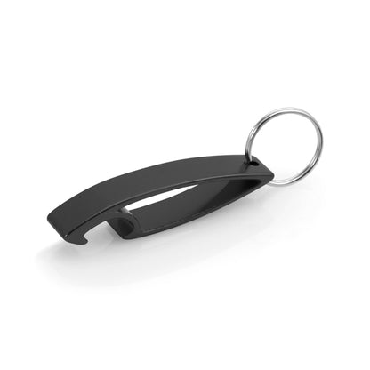 Porte-clés polyvalent avec décapsuleur en aluminium, finition personnalisable par marquage laser.