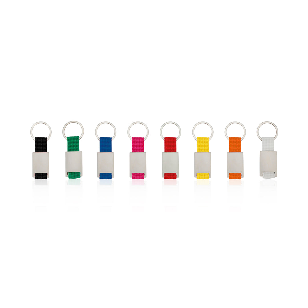 Accessoire porte-clés au design ludique avec ruban polyester coloré. Personnalisable - Corps métallique pour gravure laser.