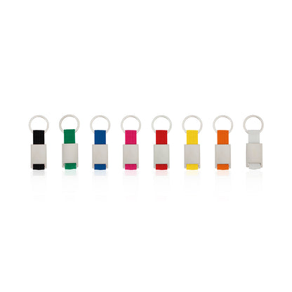 Accessoire porte-clés au design ludique avec ruban polyester coloré. Personnalisable - Corps métallique pour gravure laser.