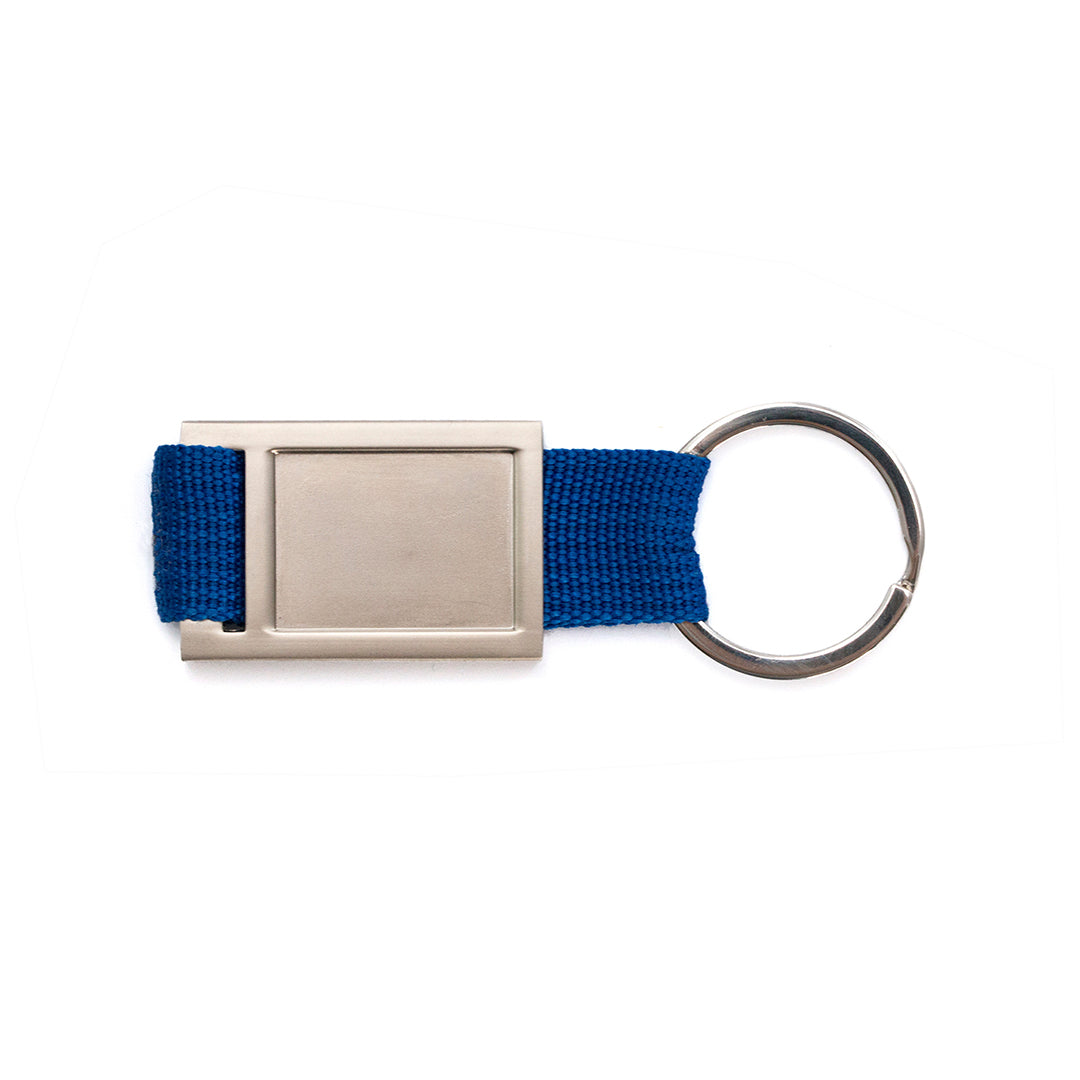 Porte-clés en métal avec ruban en polyester coloré. Personnalisable avec marquage Doming.