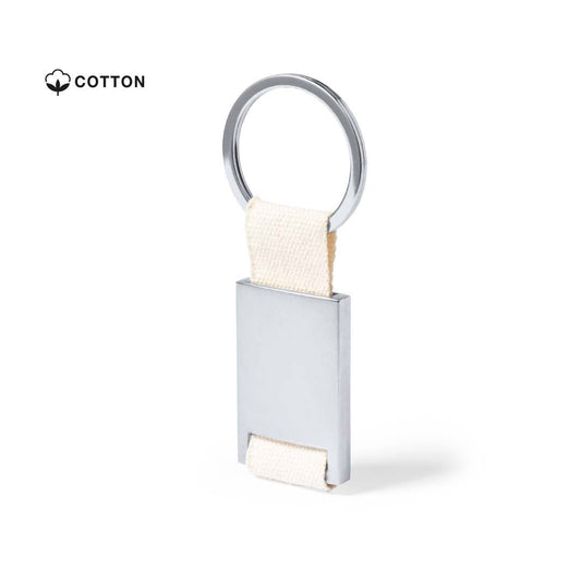 Porte-clés élégant en métal argenté avec ruban 100% coton naturel. Personnalisable - Grande surface de marquage et porte-clés assorti.