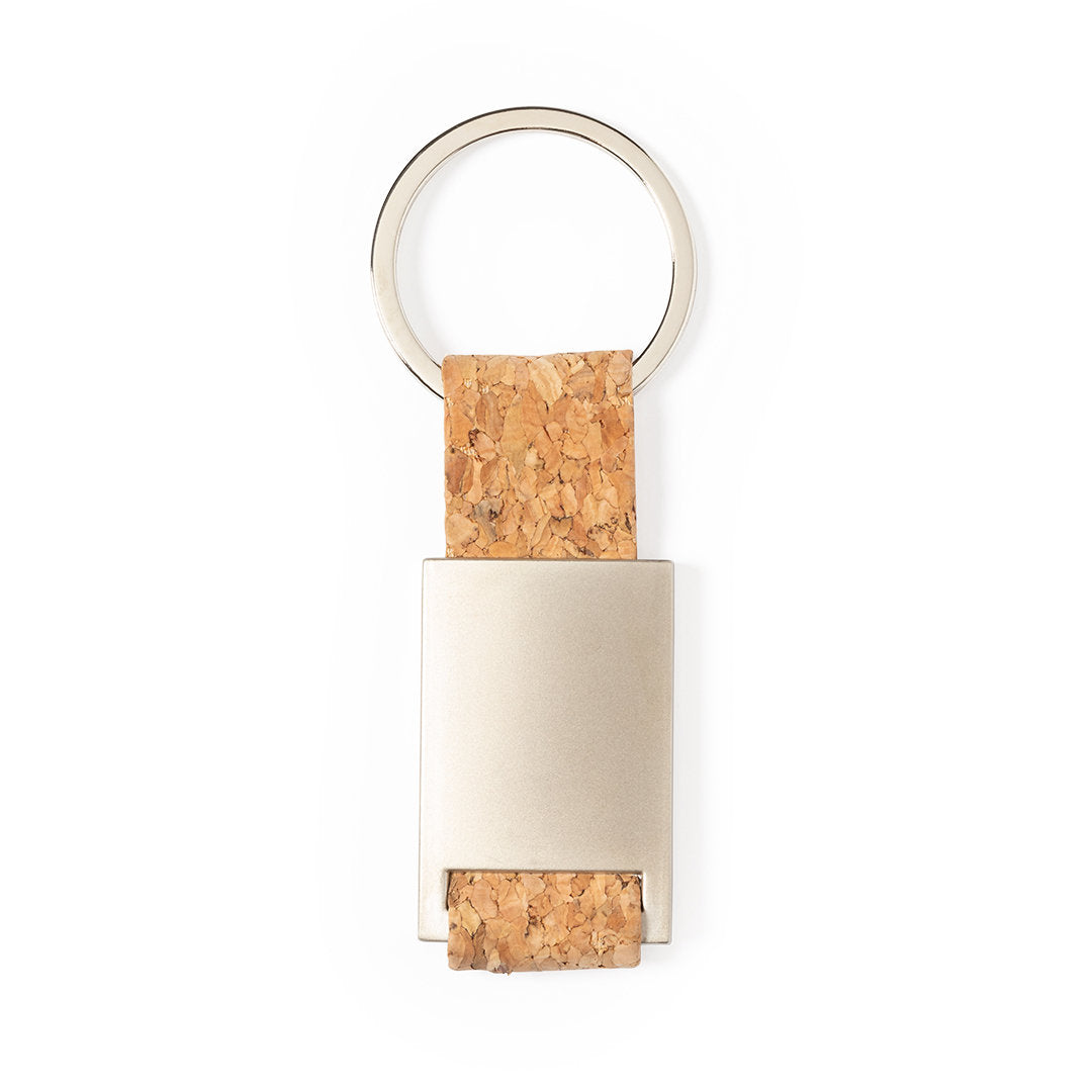 Accessoire porte-clés avec ruban en liège naturel et corps métallique finition satinée. Personnalisable - Présenté dans un sac individuel avec carton écologique.