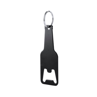 Porte-clés en aluminium, forme de bouteille, décapsuleur, personnalisable par marquage laser.