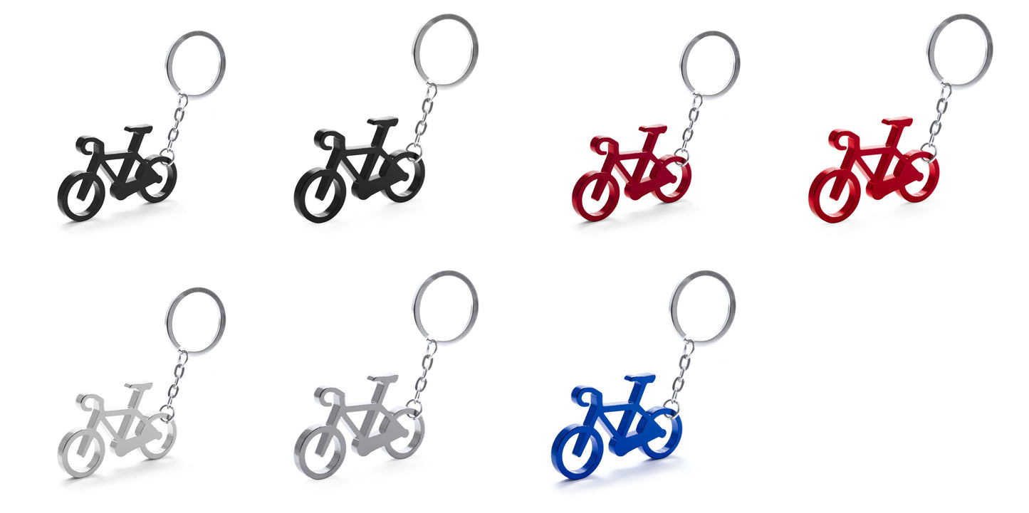 Porte-clés original en forme de bicyclette, un accessoire distinctif en aluminium personnalisable.
