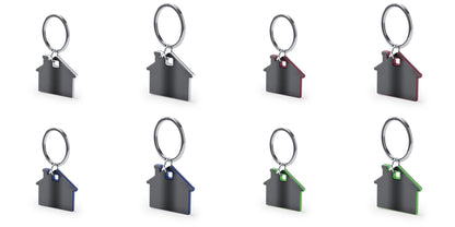 Porte-clés de maison en acier inoxydable avec design naturel gris. Personnalisable.