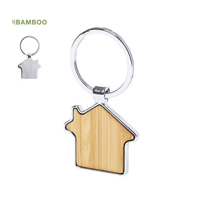 Porte-clés en forme de maison en métal et bambou brillant. Personnalisable - Finition brillante.