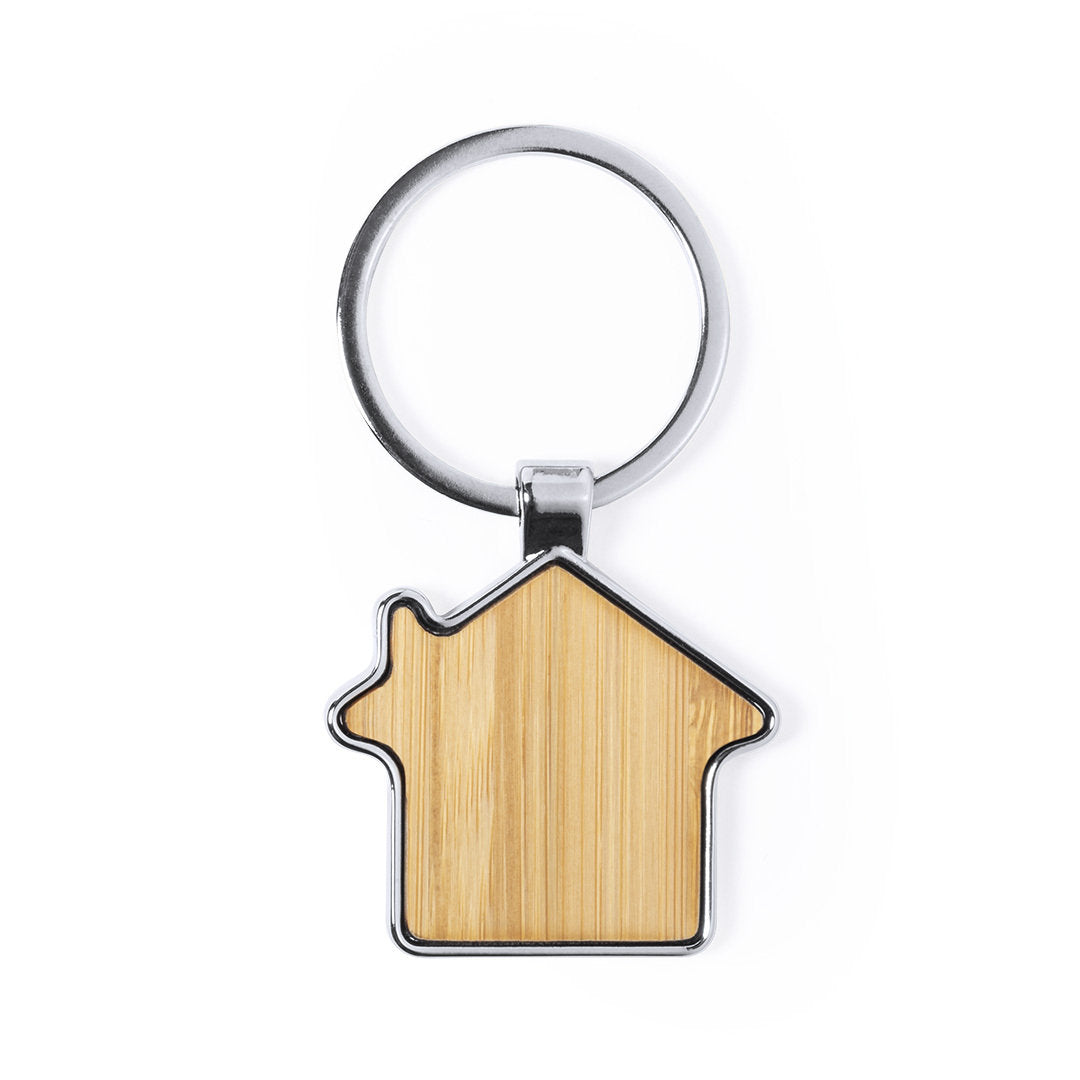 Accessoire porte-clés de la ligne Nature avec charmante maison en bambou et métal. Personnalisable.