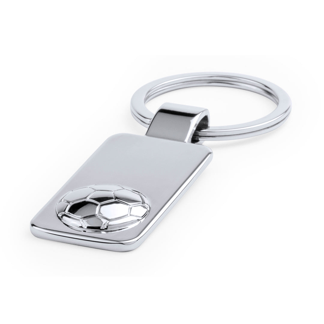 Accessoire de porte-clés en métal argenté avec divers motifs sportifs en relief. Personnalisable.