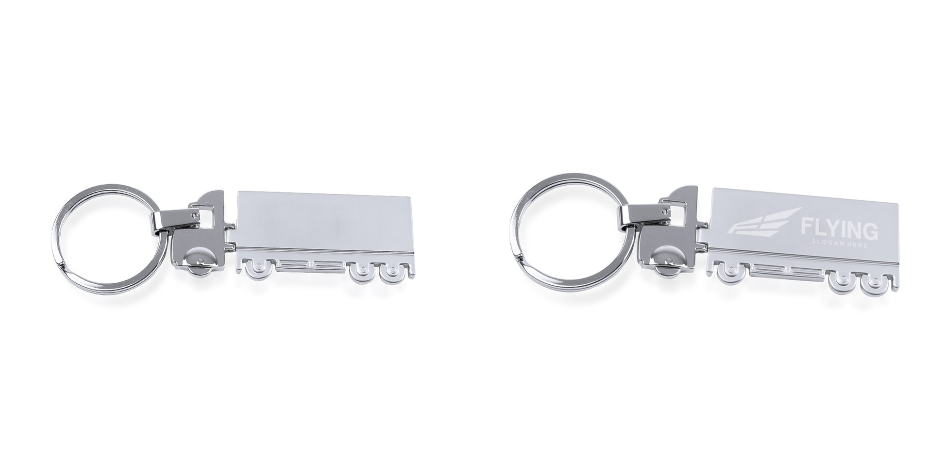 Accessoire porte-clés en métal en forme de camion, personnalisable avec finitions brillante et mate. Style moderne.