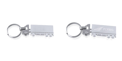 Accessoire porte-clés en métal en forme de camion, personnalisable avec finitions brillante et mate. Style moderne.